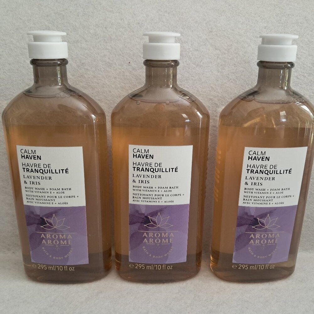 3x Bath & Body Works LAVENDER & IRIS Calm Haven 10oz Body Wash / Foam Bath NEW